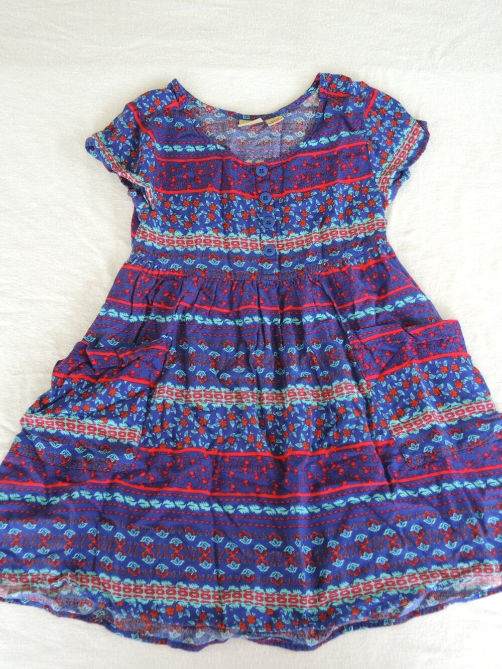 Mudd Summer Dress Blue w/ Red Turquoise Floral 2 Pockets Short Sleeve Sz 7
